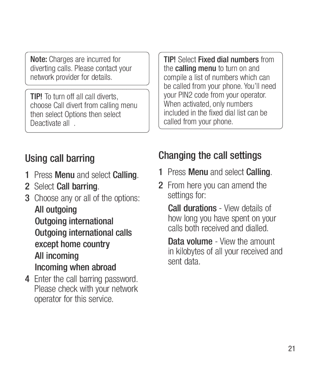 LG Electronics GW300 manual Using call barring, Changing the call settings, All incoming Incoming when abroad 