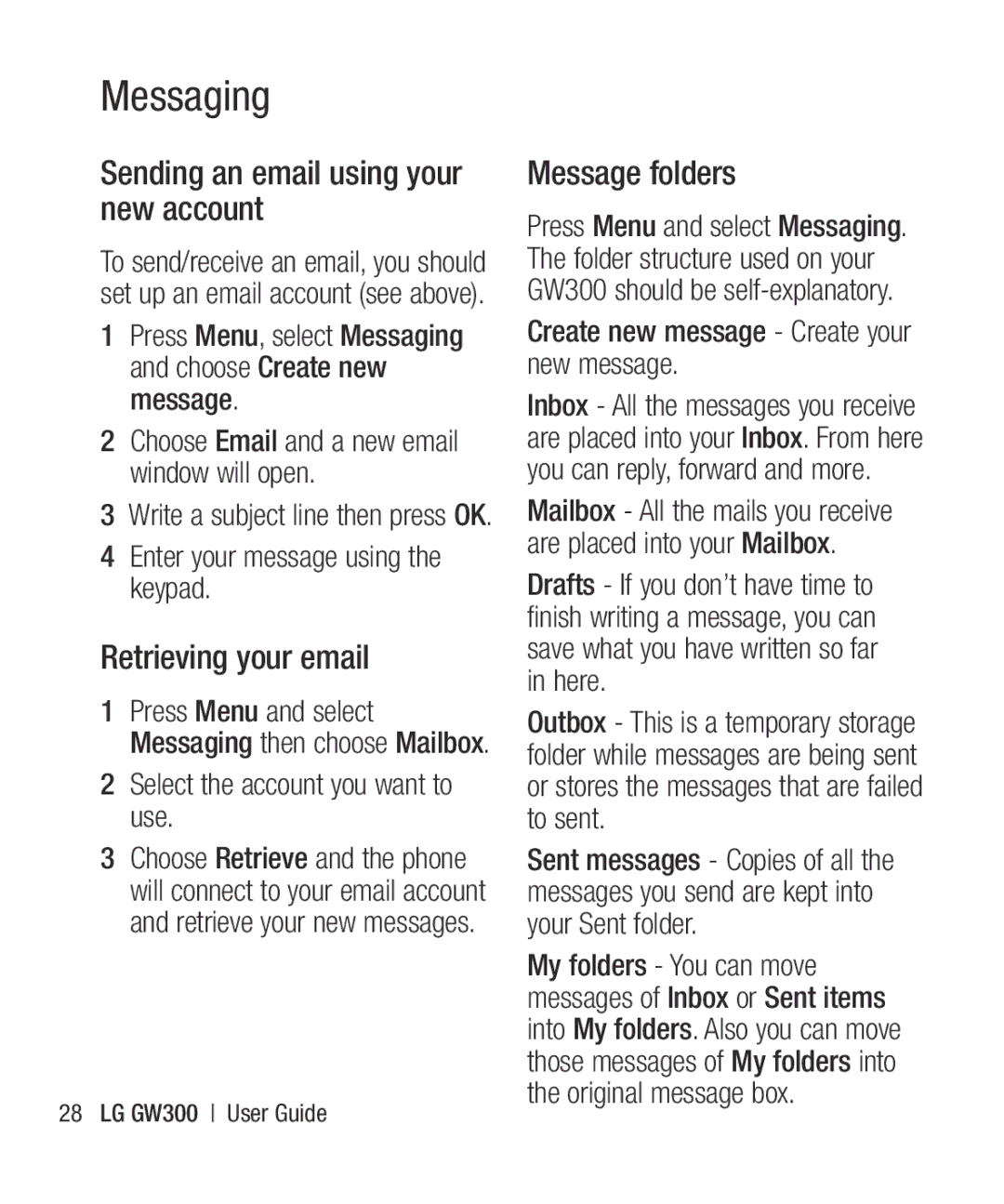 LG Electronics GW300 manual Sending an email using your new account, Retrieving your email, Message folders 