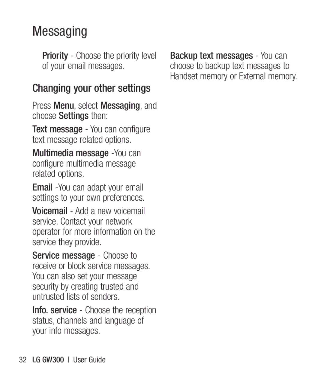 LG Electronics GW300 manual Changing your other settings 