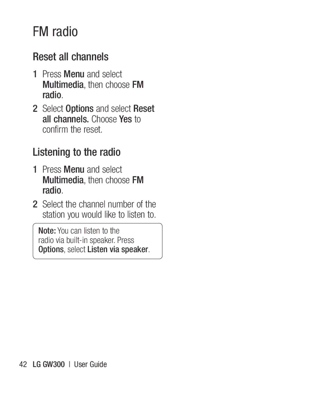 LG Electronics GW300 manual Reset all channels, Listening to the radio 