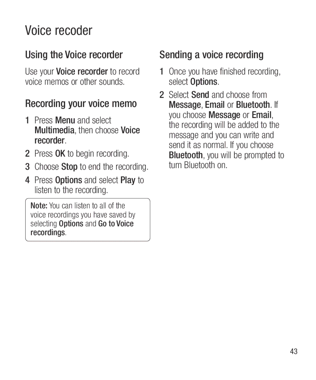 LG Electronics GW300 manual Voice recoder, Using the Voice recorder, Recording your voice memo, Sending a voice recording 