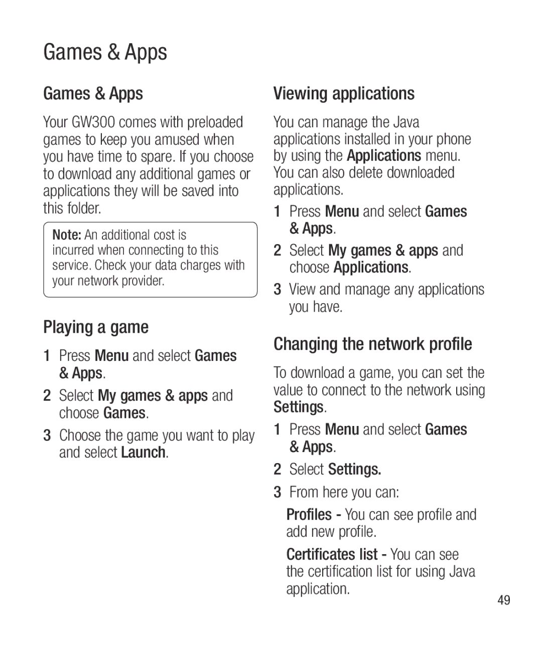 LG Electronics GW300 manual Games & Apps, Viewing applications, Changing the network profile 