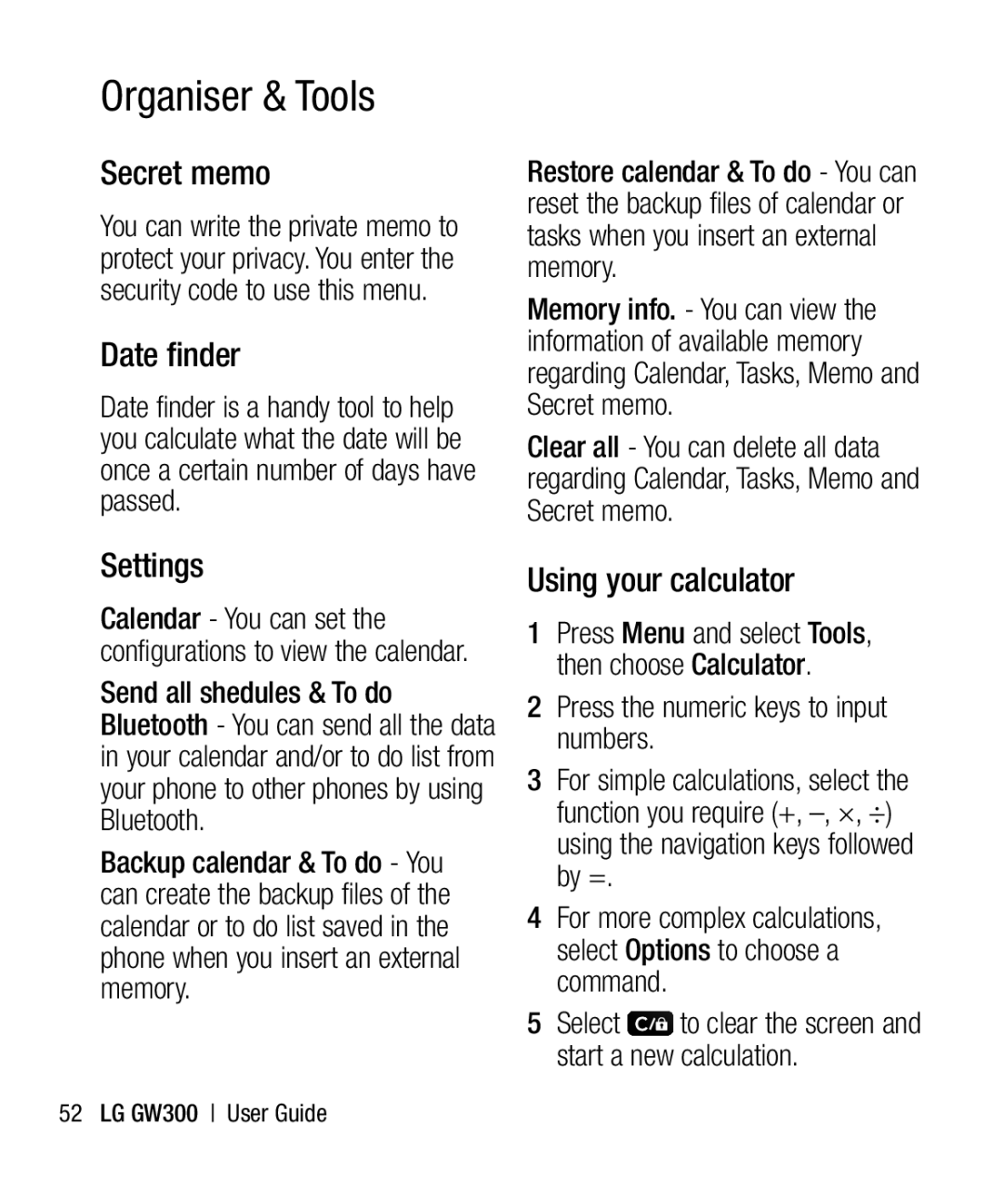 LG Electronics GW300 Secret memo, Date finder, Settings, Using your calculator, Press the numeric keys to input numbers 