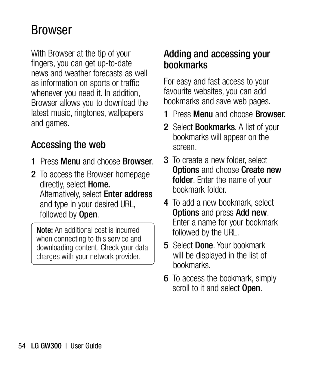 LG Electronics GW300 manual Browser, Accessing the web, Adding and accessing your bookmarks 