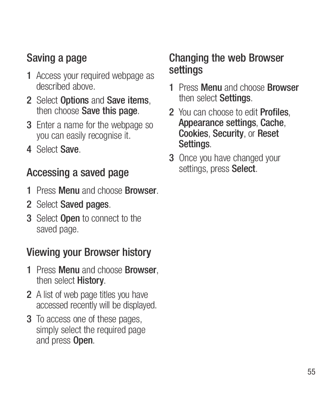 LG Electronics GW300 manual Saving a, Accessing a saved, Changing the web Browser settings 