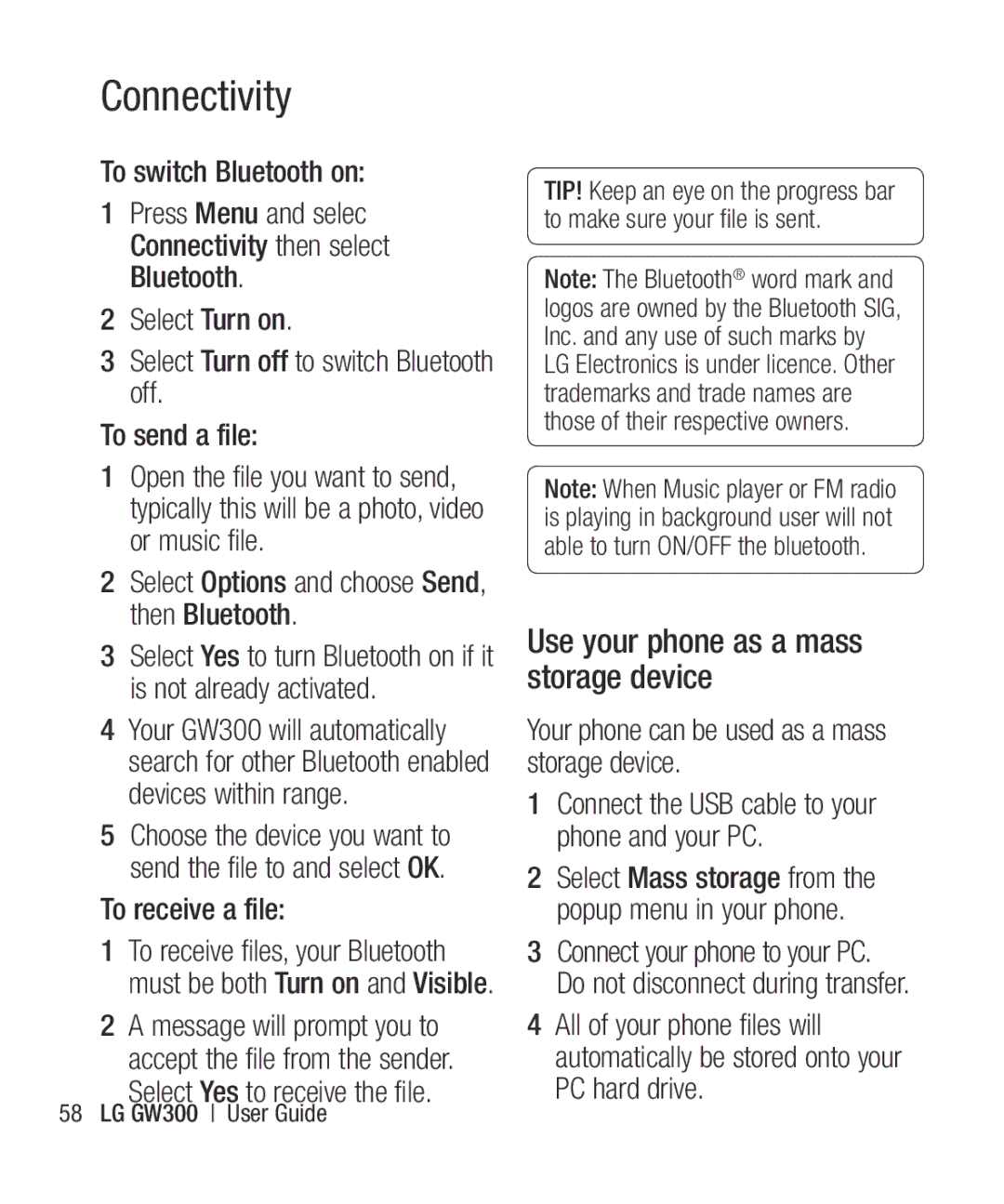 LG Electronics GW300 manual Use your phone as a mass storage device, To switch Bluetooth on, To receive a file 