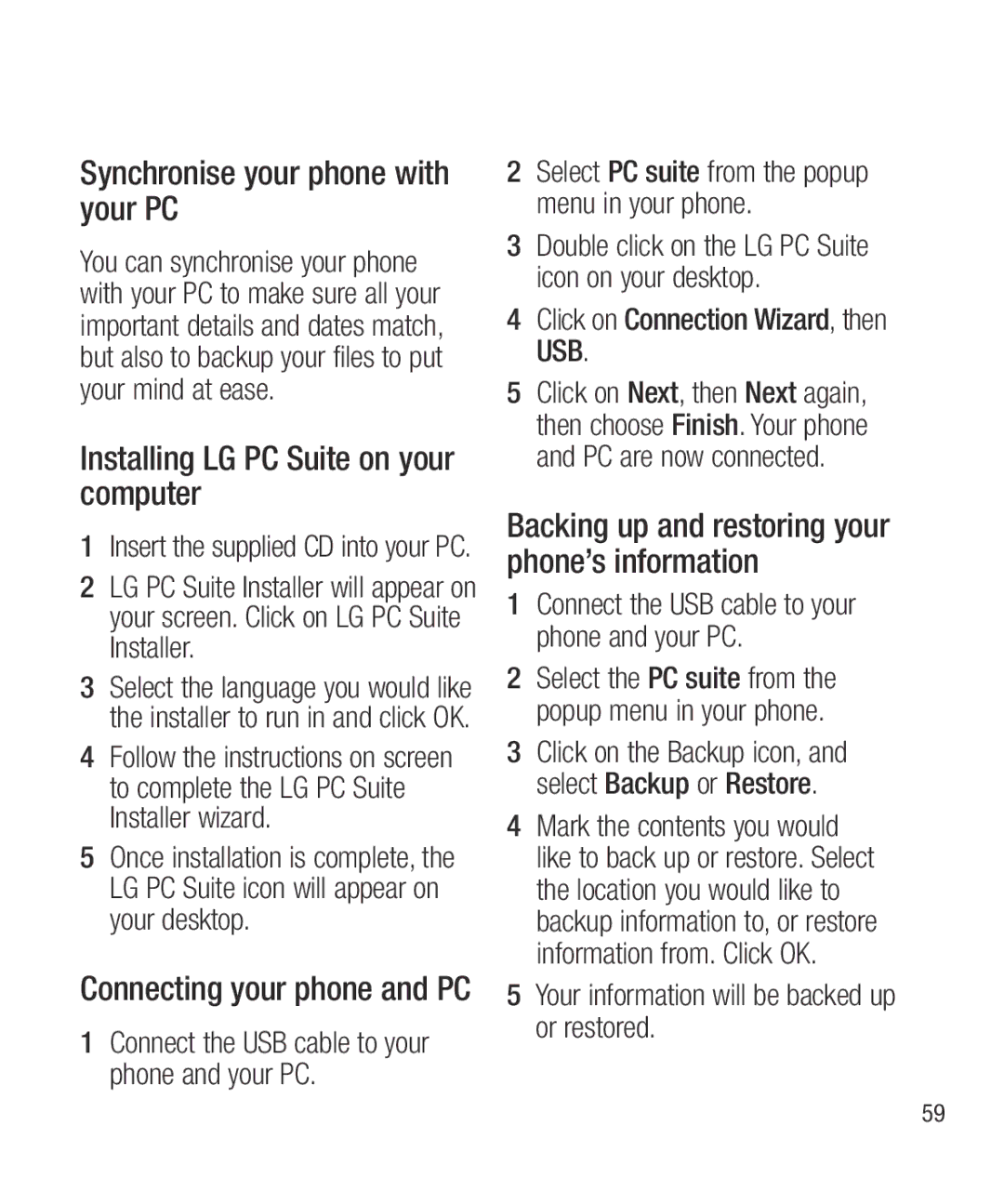 LG Electronics GW300 manual Synchronise your phone with your PC, Installing LG PC Suite on your computer 