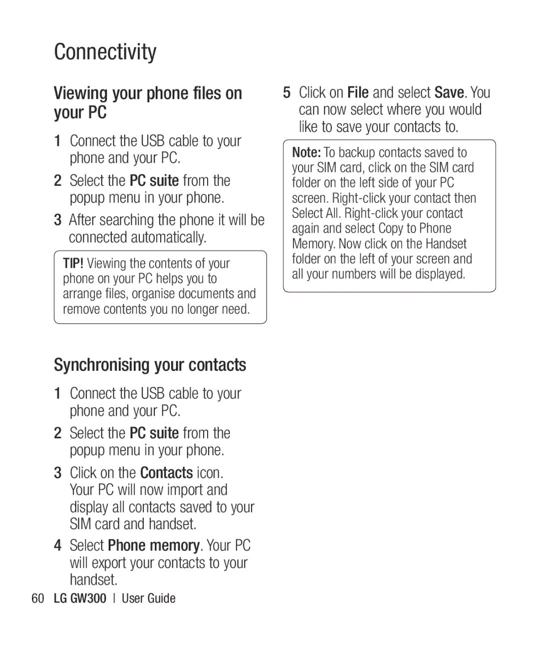 LG Electronics GW300 manual Viewing your phone files on your PC, Synchronising your contacts 