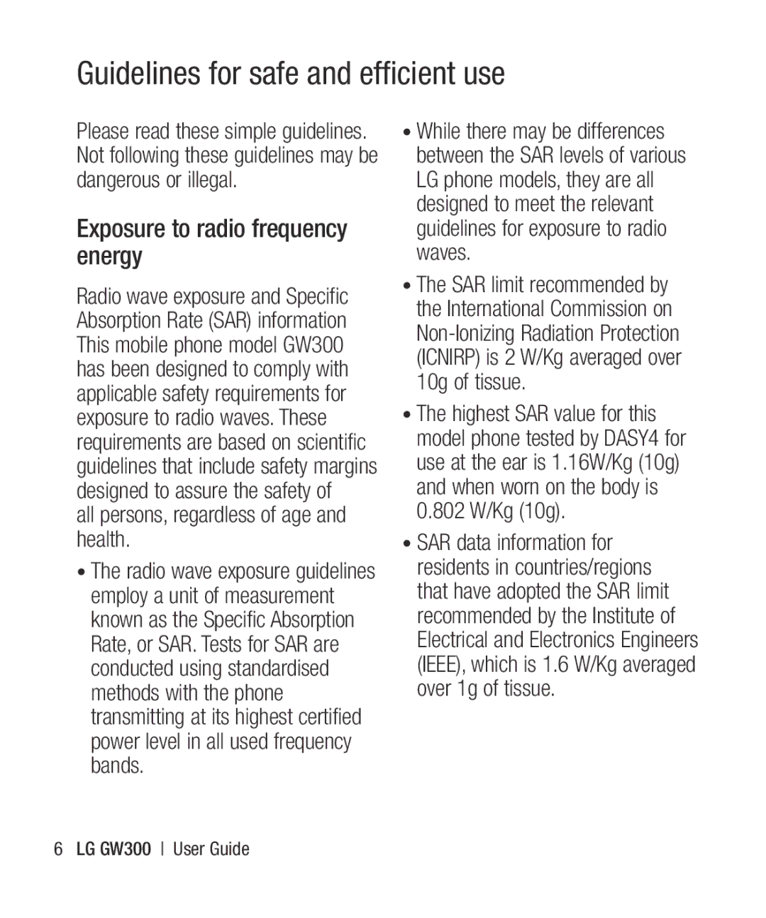 LG Electronics GW300 manual Guidelines for safe and efficient use, Exposure to radio frequency energy 