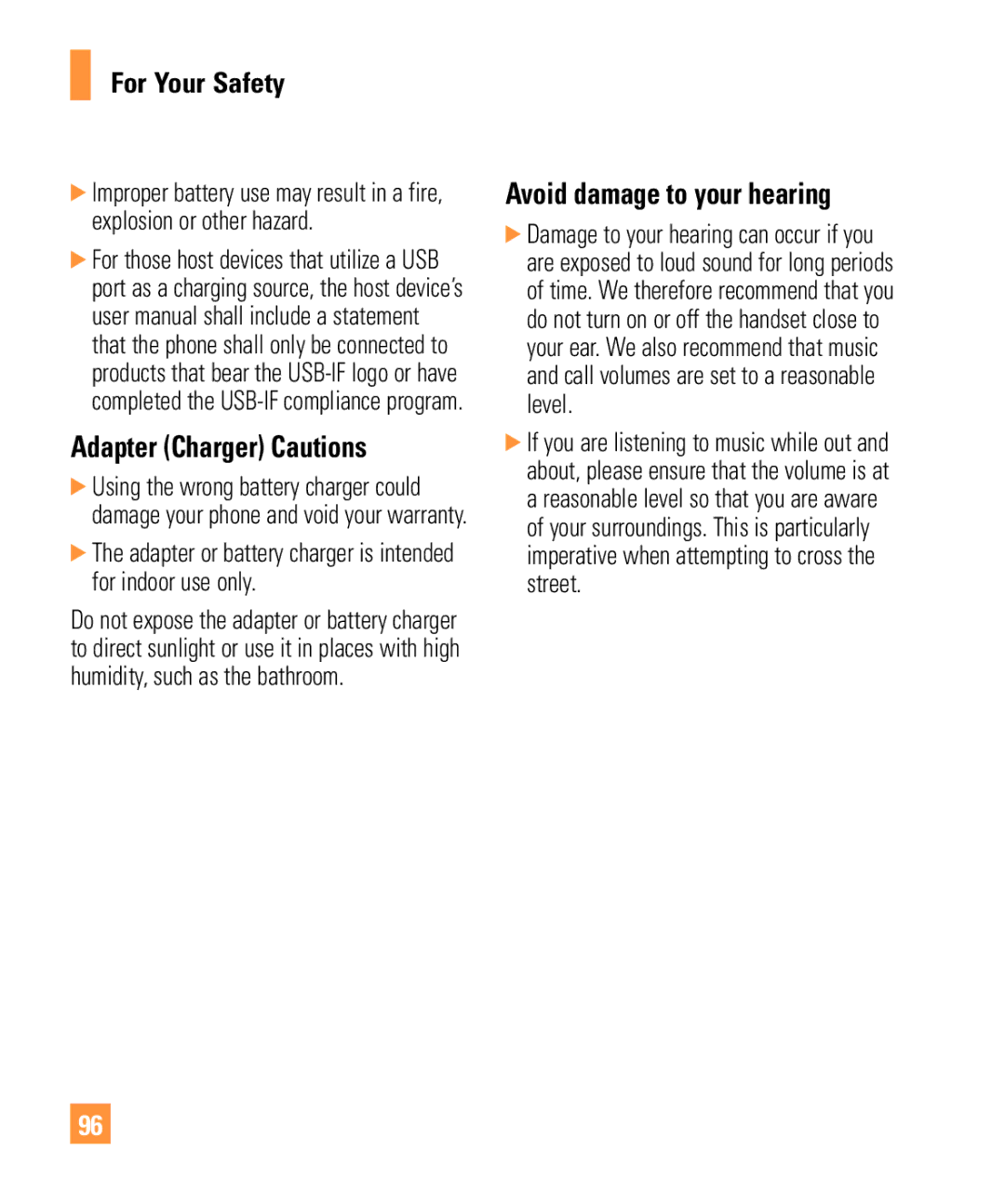 LG Electronics GW370 manual Adapter Charger Cautions, Avoid damage to your hearing 