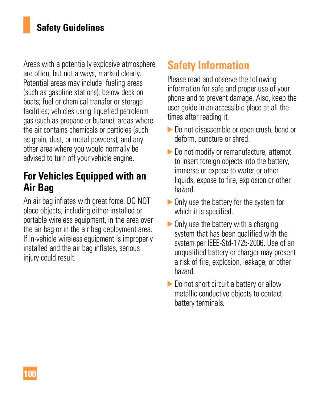 LG Electronics GW370 manual Safety Information, For Vehicles Equipped with an Air Bag, 100 