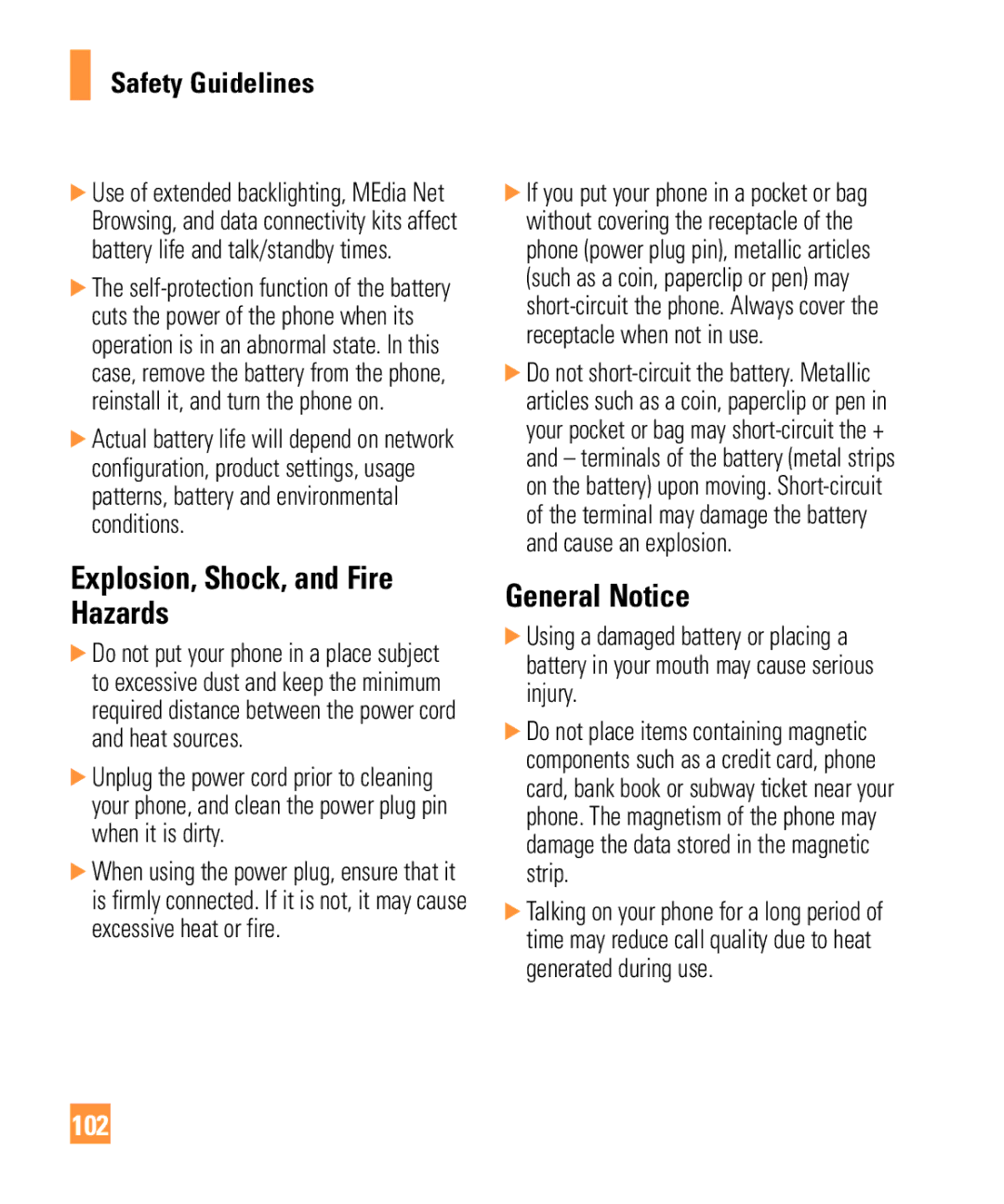 LG Electronics GW370 manual Explosion, Shock, and Fire Hazards, General Notice, 102 