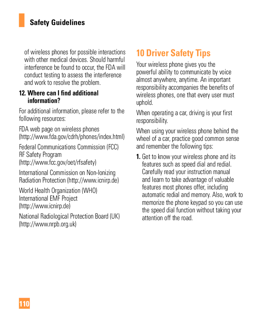 LG Electronics GW370 manual Driver Safety Tips, 110, When operating a car, driving is your first responsibility 