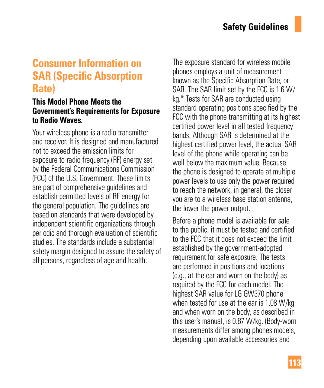 LG Electronics GW370 manual Consumer Information on SAR Specific Absorption Rate, 113 