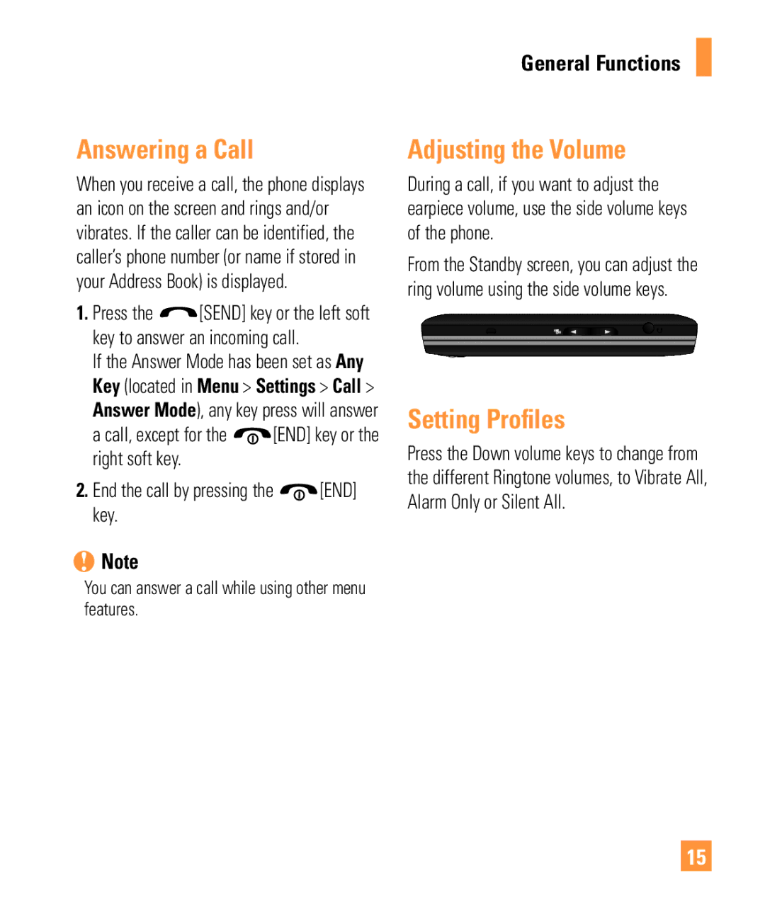 LG Electronics GW370 manual Answering a Call, Adjusting the Volume, Setting Profiles, General Functions 