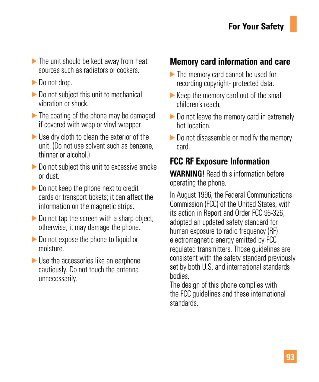 LG Electronics GW370 manual For Your Safety, FCC RF Exposure Information, Memory card information and care 