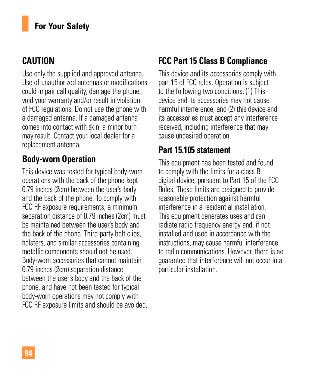 LG Electronics GW370 manual Body-worn Operation, FCC Part 15 Class B Compliance, Part 15.105 statement 