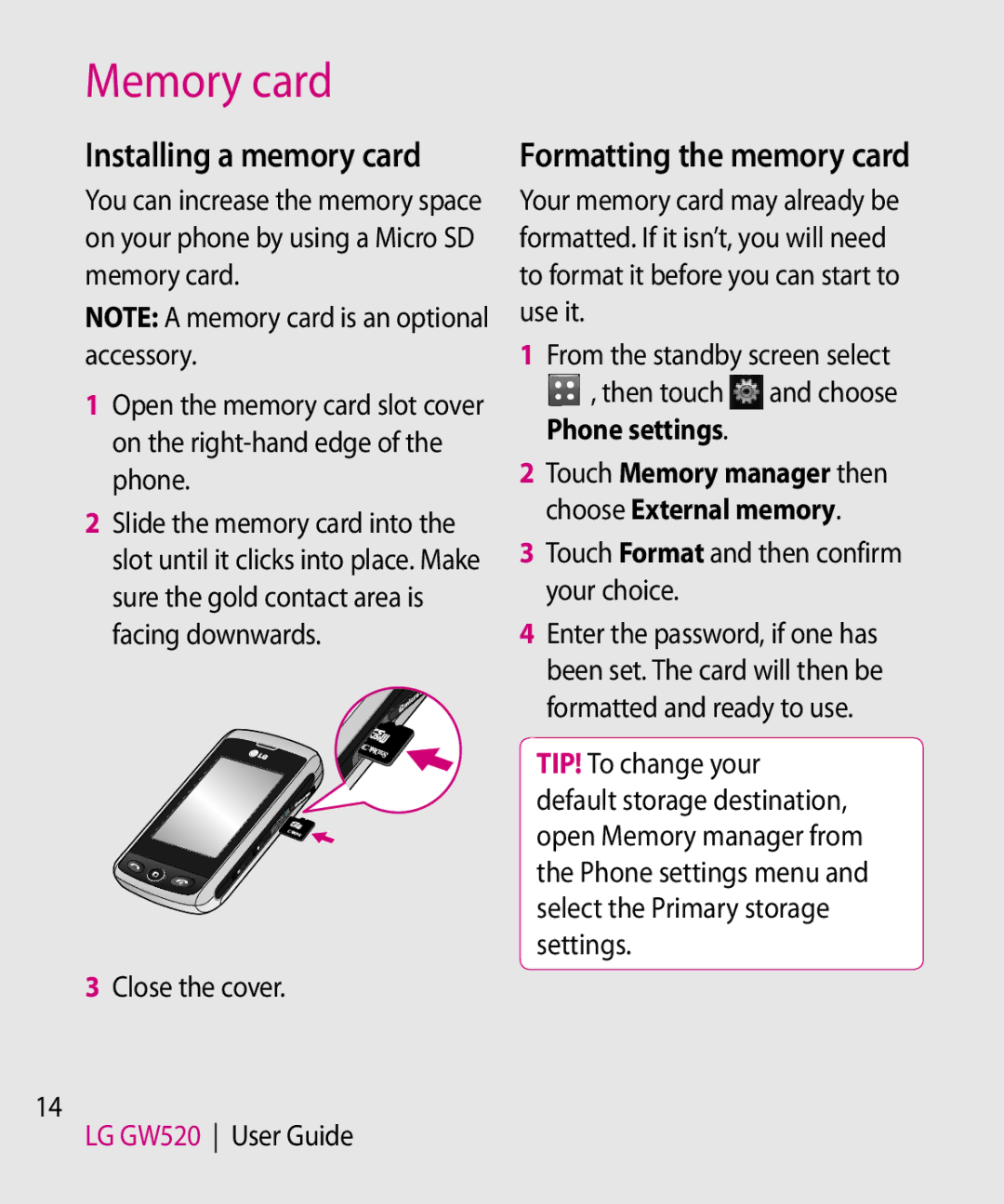 LG Electronics GW520 manual Memory card, Installing a memory card, Formatting the memory card 