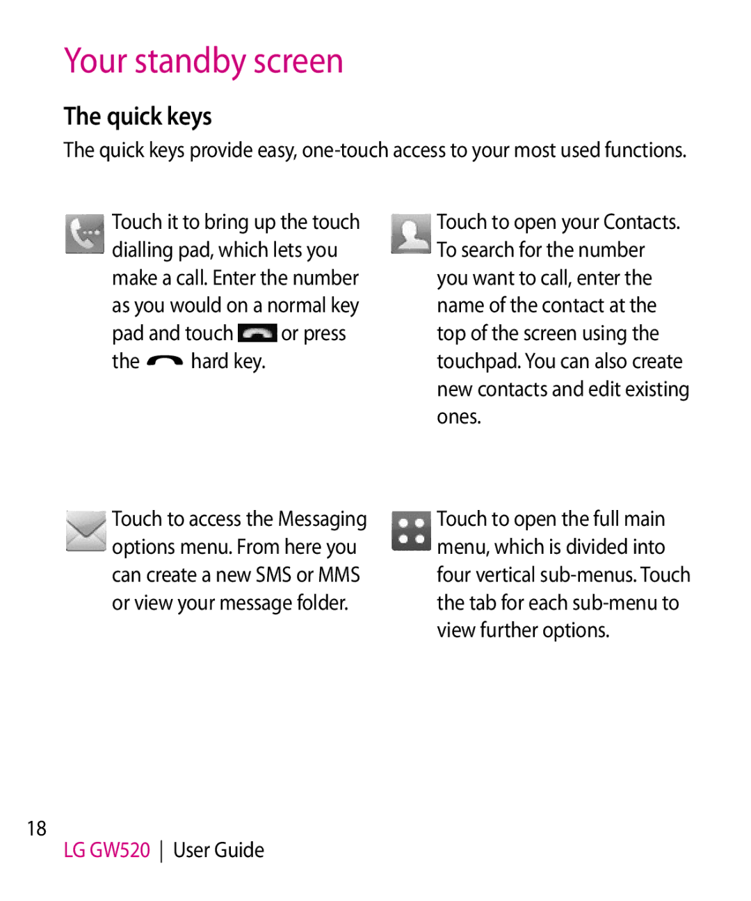 LG Electronics GW520 manual Your standby screen, Quick keys, Pad and touch or press Hard key 