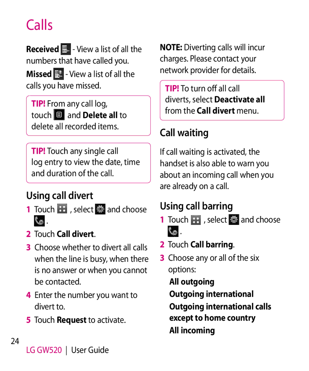 LG Electronics GW520 manual Using call divert, Call waiting, Using call barring, Touch Call divert, Touch Call barring 