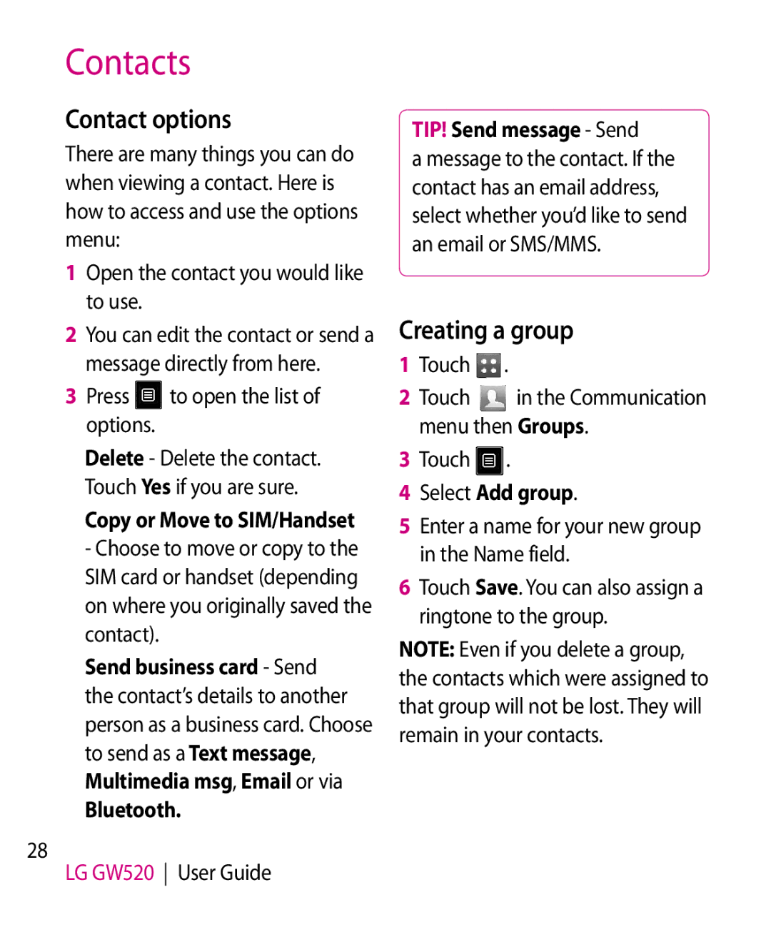 LG Electronics GW520 manual Contact options, Creating a group, Bluetooth, TIP! Send message Send, Select Add group 