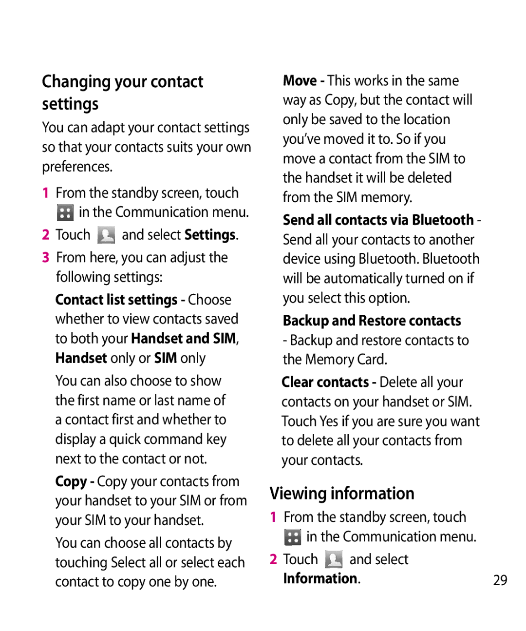 LG Electronics GW520 manual Changing your contact settings, Viewing information, Backup and Restore contacts, Information 