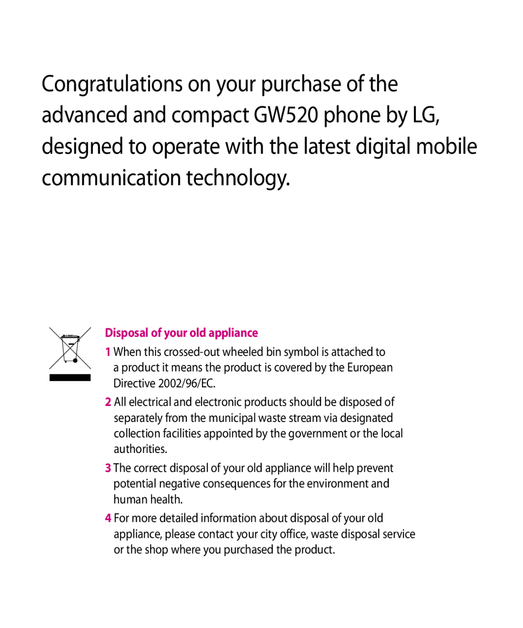 LG Electronics GW520 manual Disposal of your old appliance 