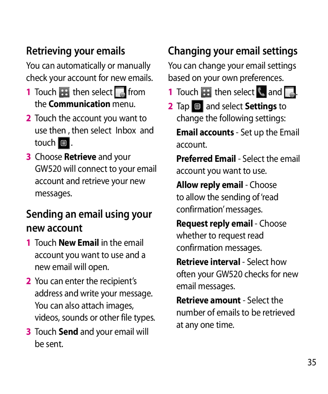 LG Electronics GW520 manual Retrieving your emails, Sending an email using your new account, Communication menu 