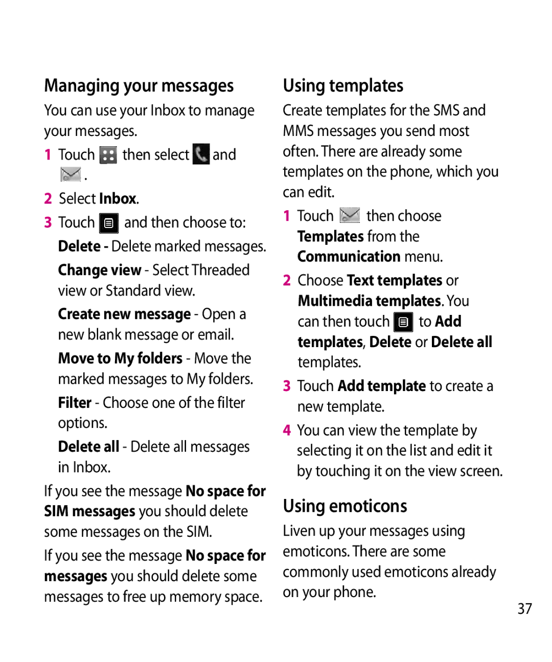 LG Electronics GW520 manual Managing your messages, Using templates, Using emoticons, Templates from Communication menu 