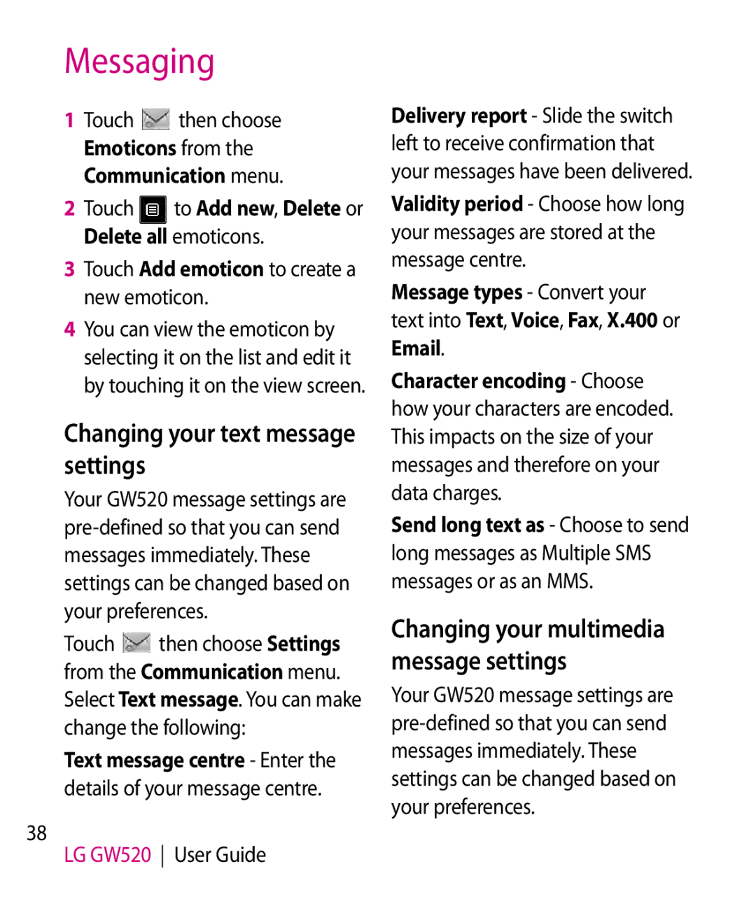 LG Electronics GW520 manual Changing your text message settings, Emoticons from 