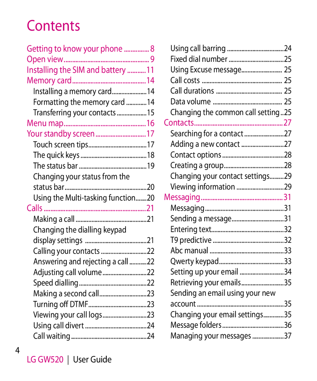 LG Electronics GW520 manual Contents 