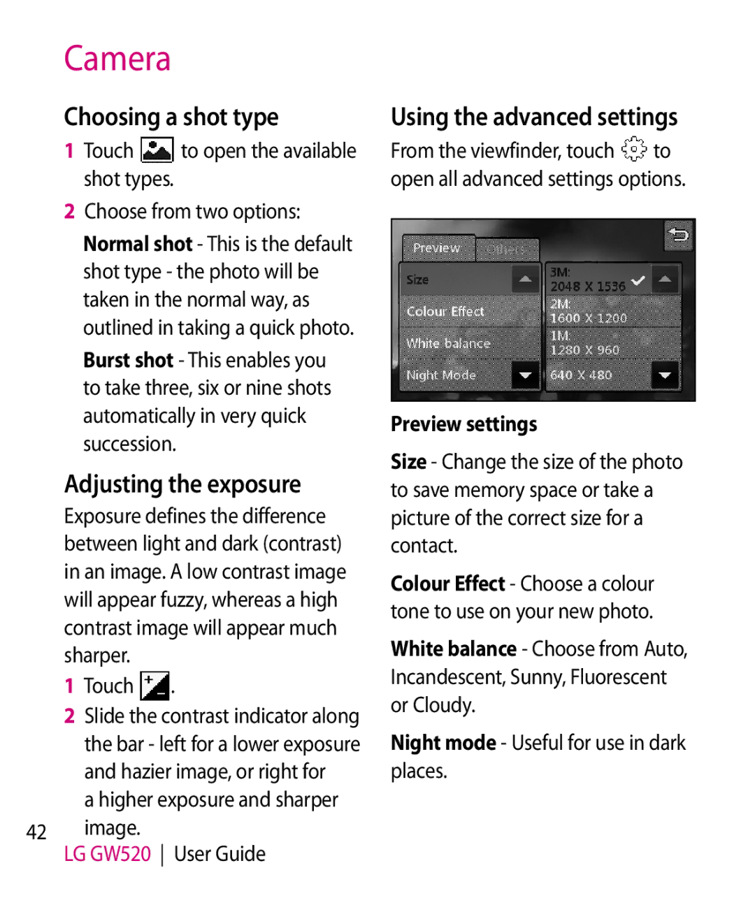 LG Electronics GW520 manual Choosing a shot type, Adjusting the exposure, Using the advanced settings, Preview settings 