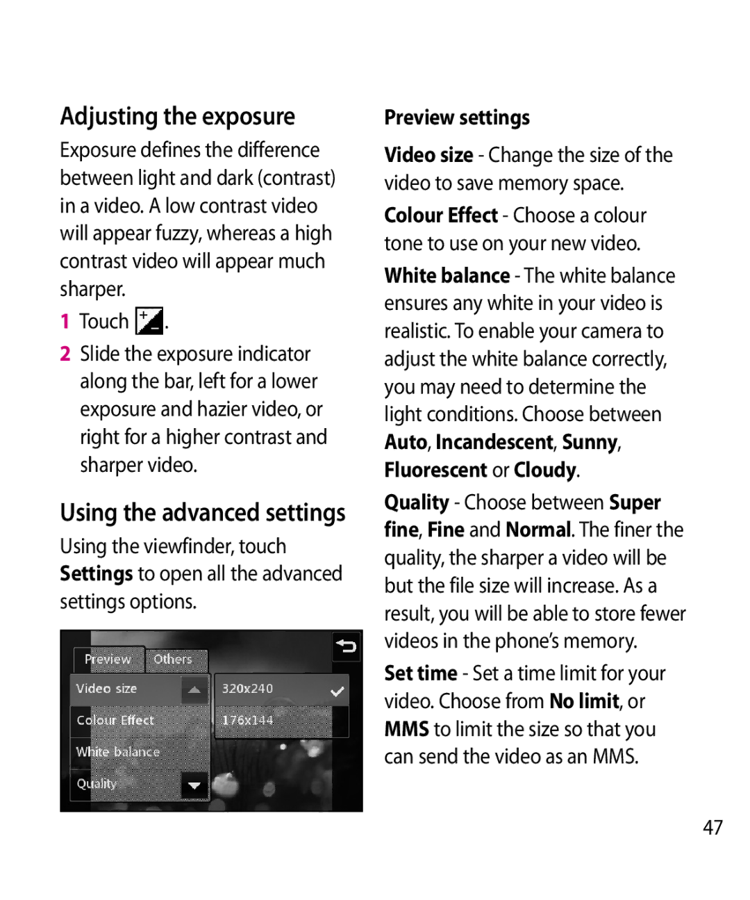 LG Electronics GW520 manual Adjusting the exposure, Using the advanced settings 