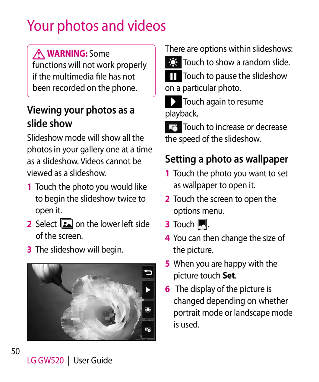 LG Electronics GW520 Viewing your photos as a slide show, Setting a photo as wallpaper, Touch again to resume playback 