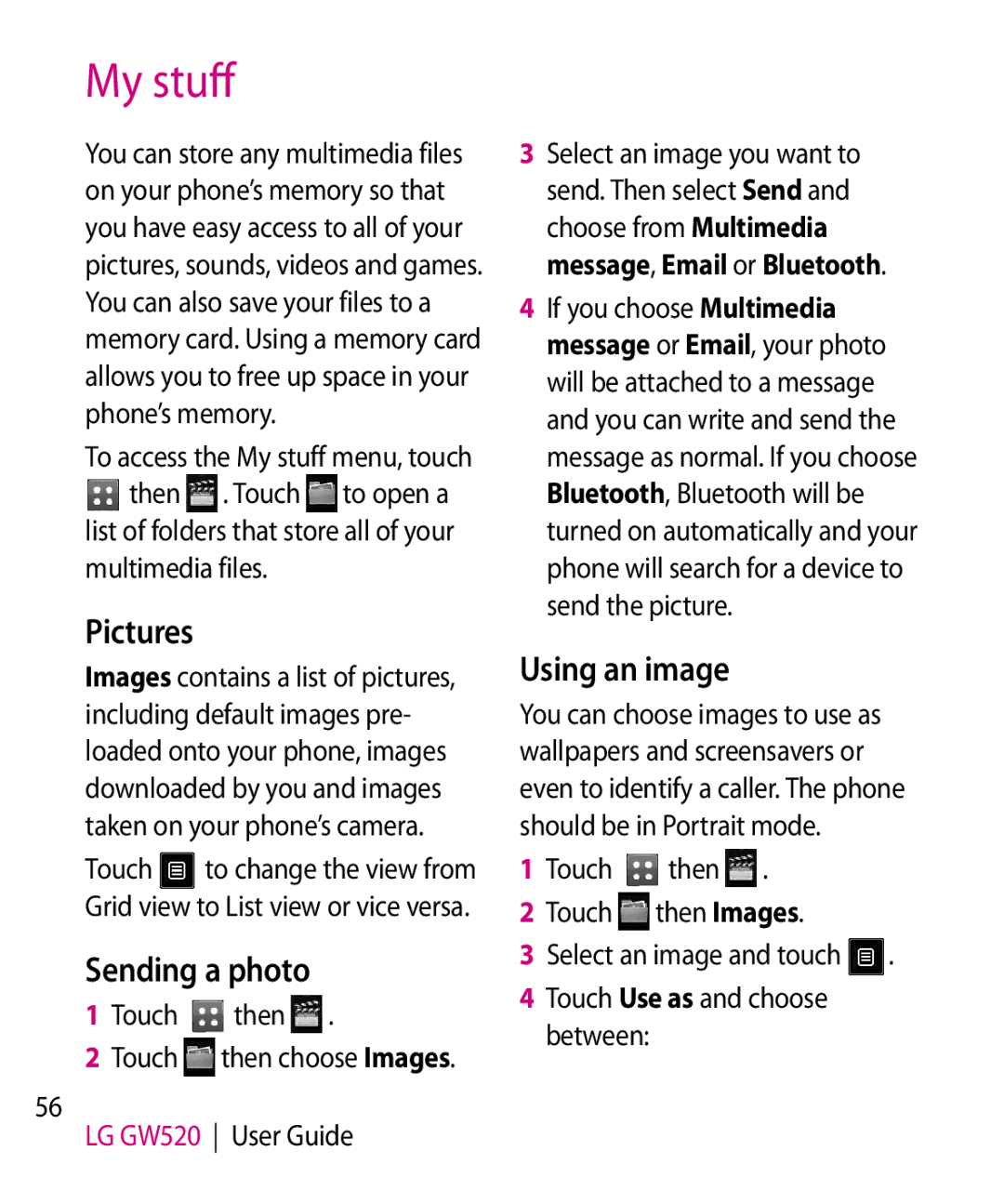 LG Electronics GW520 manual My stuff, Pictures, Sending a photo, Using an image 