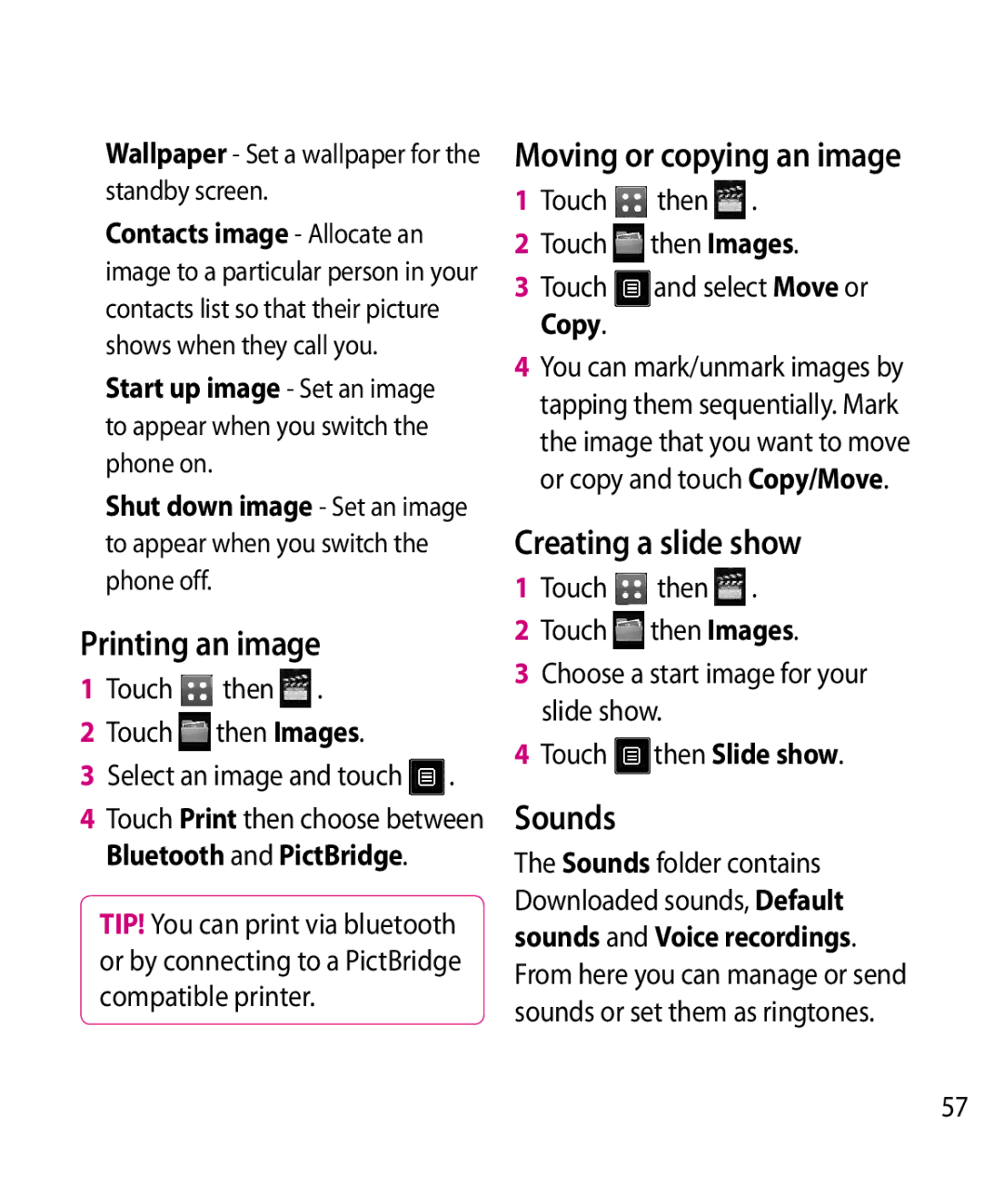 LG Electronics GW520 manual Creating a slide show, Printing an image, Sounds, Copy, Then Slide show 