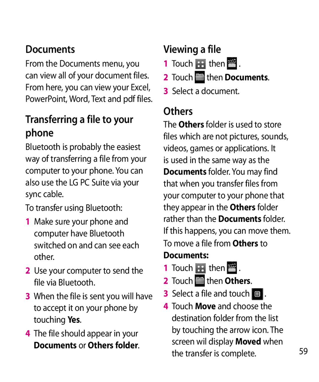 LG Electronics GW520 manual Documents Transferring a file to your phone, Viewing a file, Others 