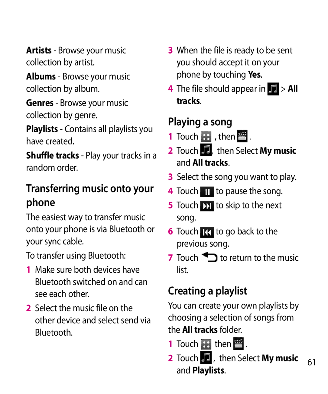 LG Electronics GW520 manual Transferring music onto your phone, Playing a song, Creating a playlist 