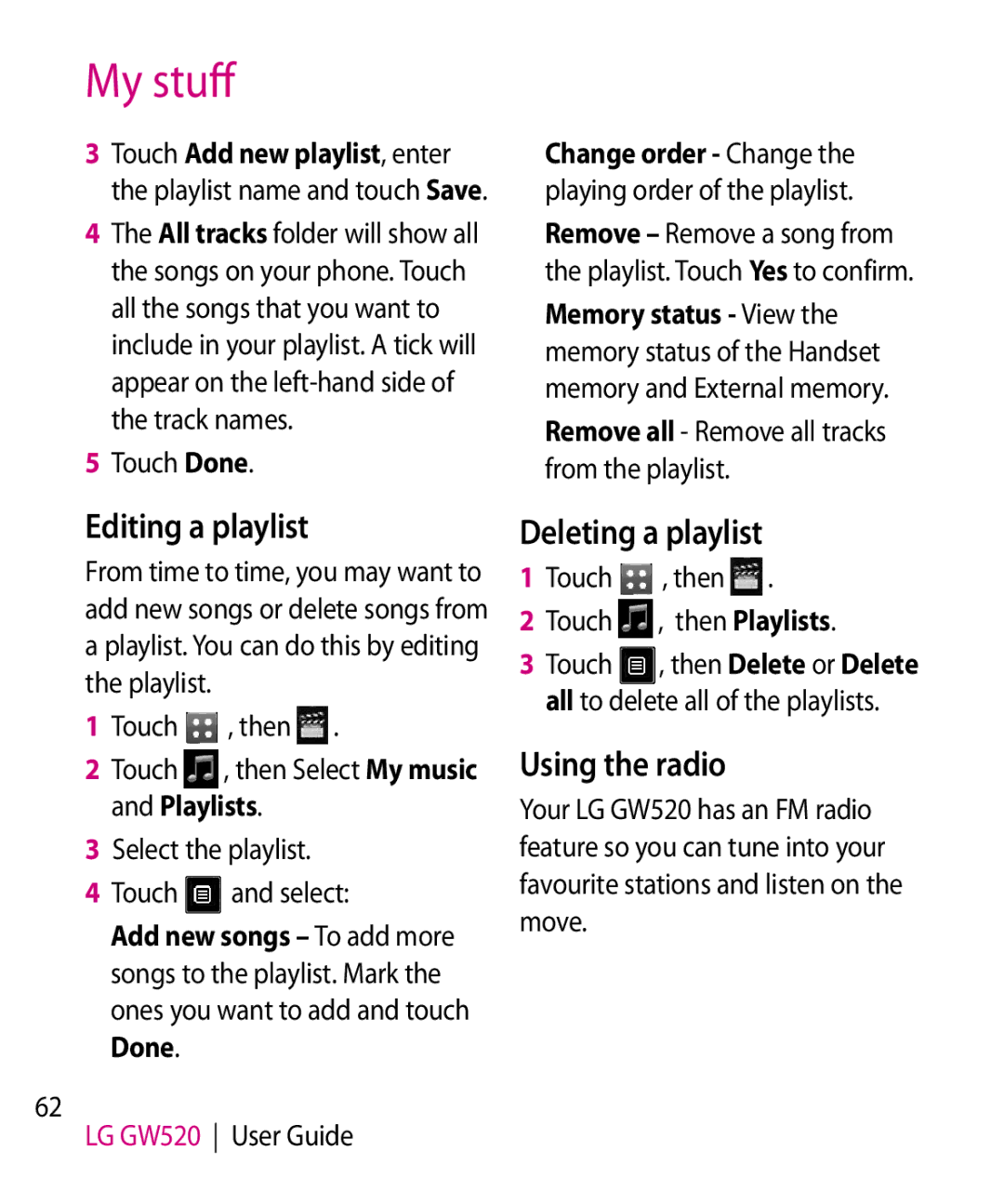 LG Electronics GW520 manual Editing a playlist, Deleting a playlist, Using the radio, Then Playlists 