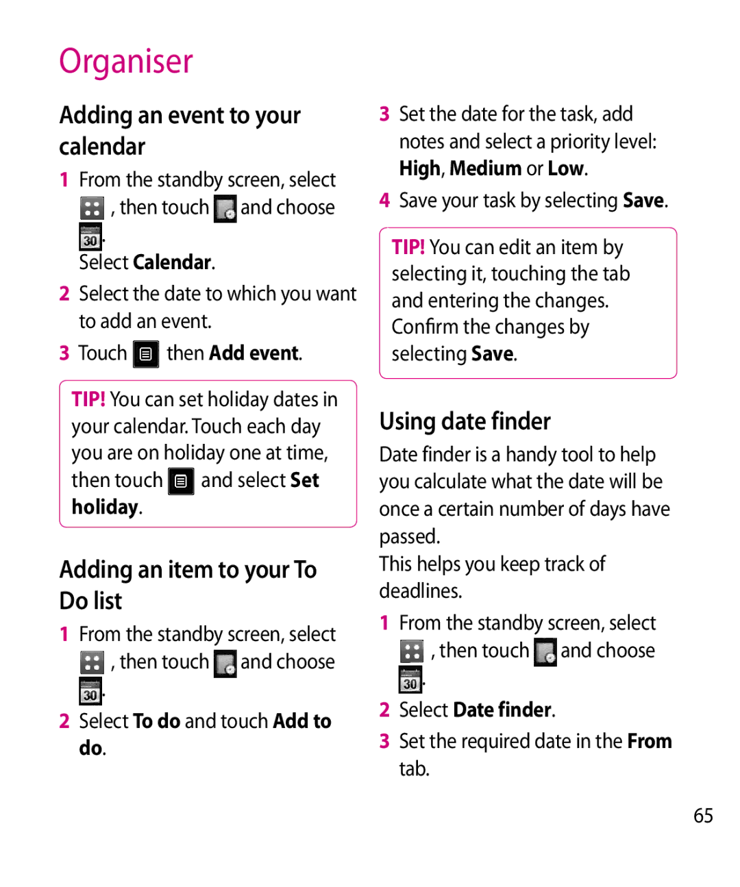 LG Electronics GW520 Organiser, Adding an event to your calendar, Adding an item to your To Do list, Using date finder 