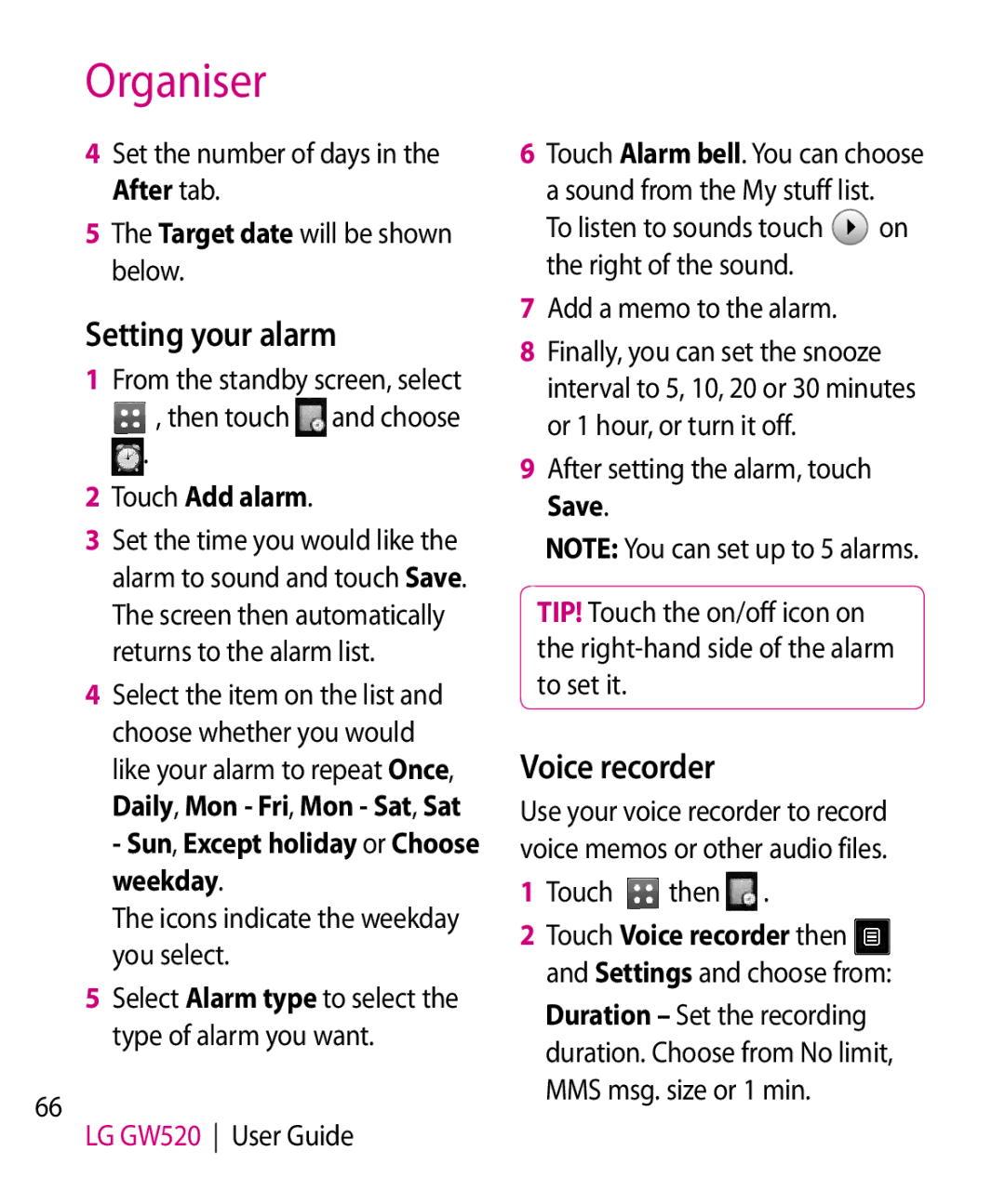 LG Electronics GW520 manual Setting your alarm, Voice recorder, Touch Add alarm, Sun, Except holiday or Choose weekday 