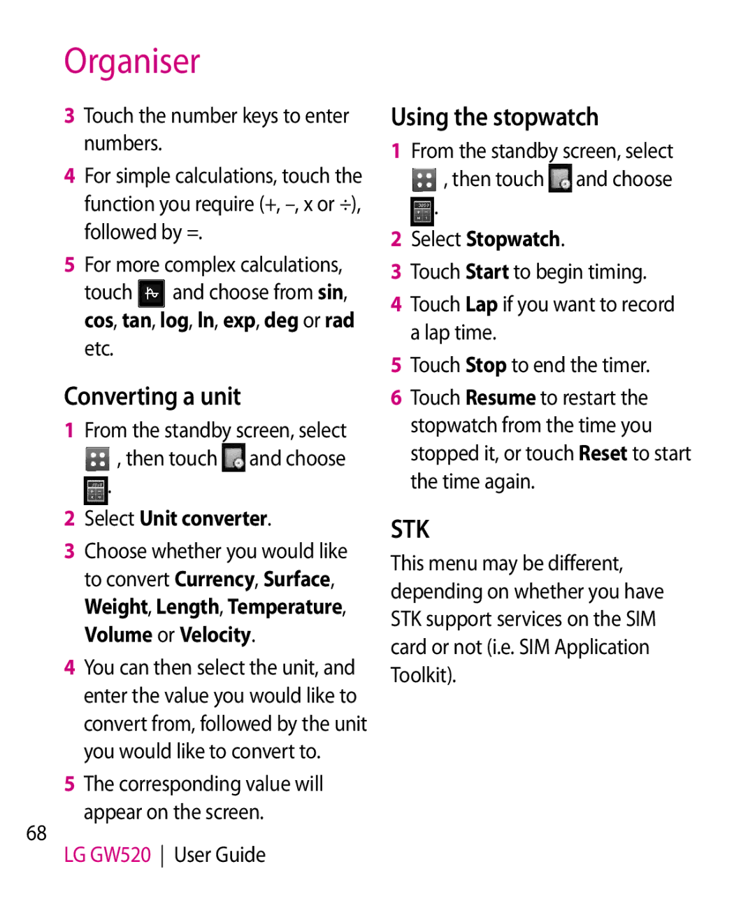 LG Electronics GW520 manual Converting a unit, Using the stopwatch 