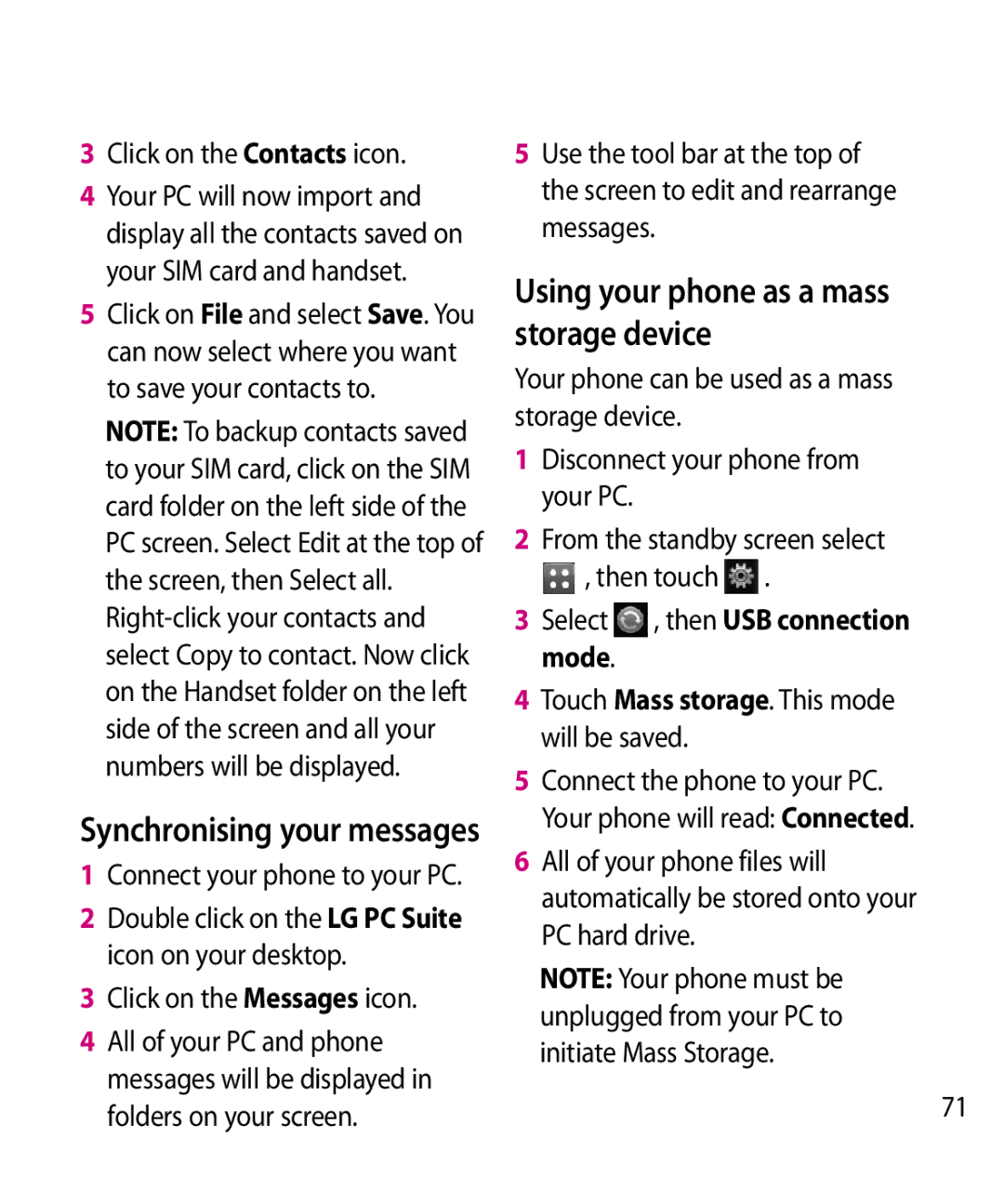 LG Electronics GW520 manual Using your phone as a mass storage device, Click on the Contacts icon 