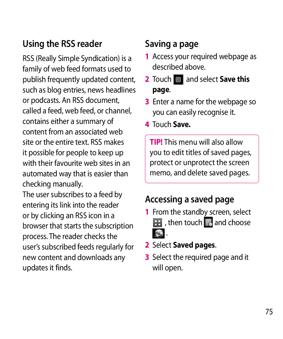 LG Electronics GW520 manual Using the RSS reader, Saving a, Accessing a saved, Select Saved pages 