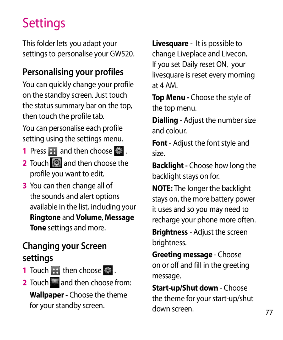 LG Electronics GW520 manual Settings, Personalising your profiles, Changing your Screen settings, Down screen 