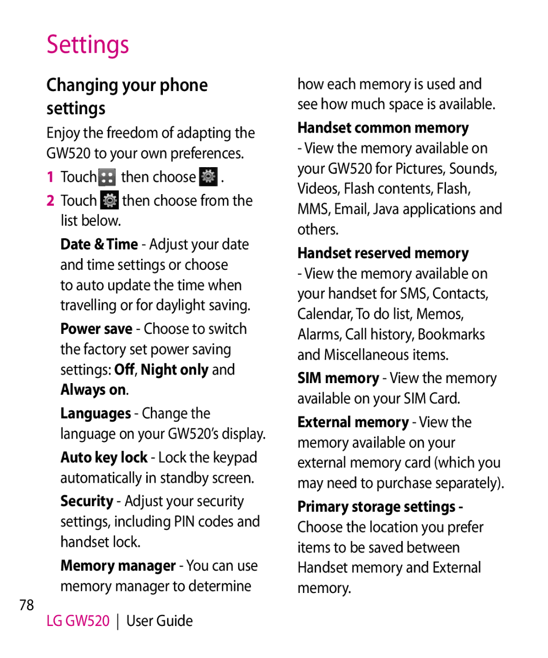 LG Electronics GW520 manual Changing your phone settings, Handset common memory, Handset reserved memory 