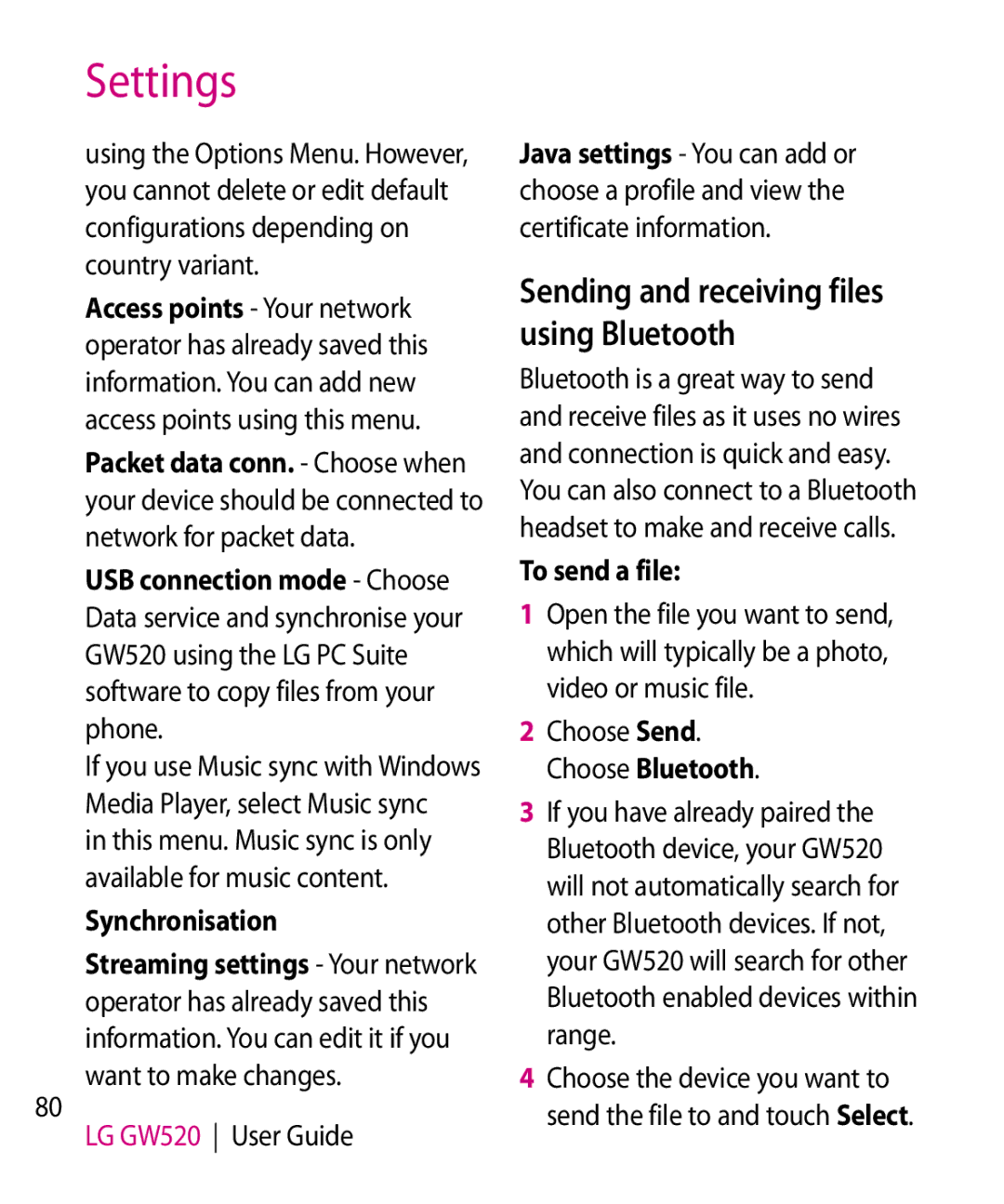 LG Electronics GW520 manual Sending and receiving files using Bluetooth, Synchronisation, To send a file 