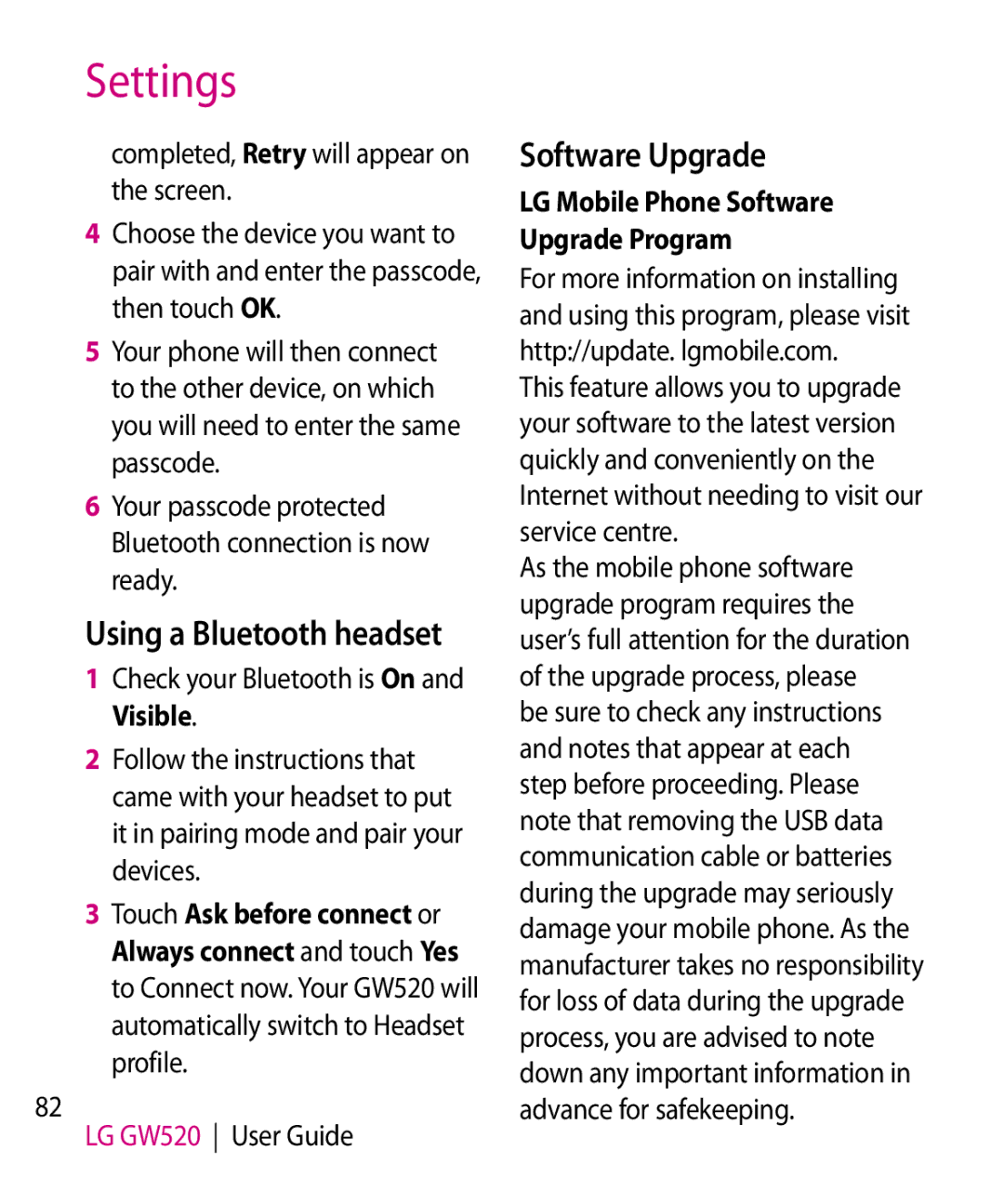 LG Electronics GW520 manual Software Upgrade, Using a Bluetooth headset 