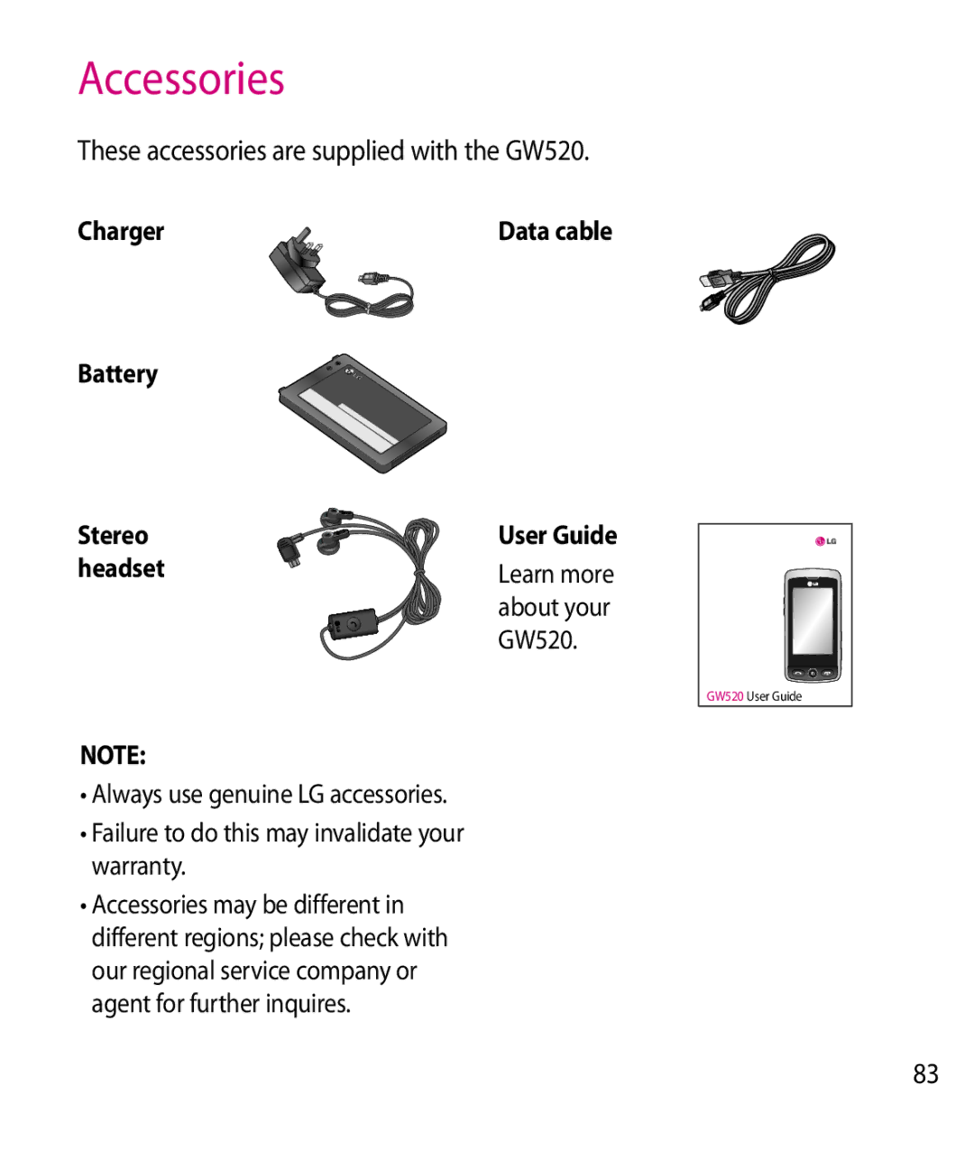 LG Electronics GW520 manual Accessories, Charger, Battery Stereo, Headset 