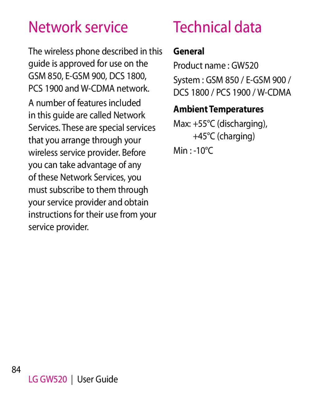 LG Electronics GW520 manual Network service, Technical data, General, Ambient Temperatures 